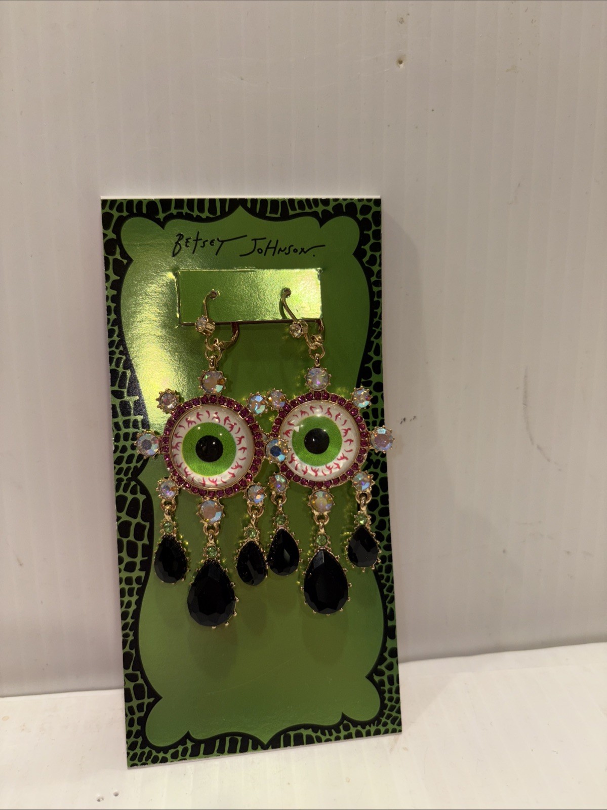 BETSEY JOHNSON DANGLE DROP EYEBALLS EARRINGS W BLACK CRYSTAL TEARS MULTI COLOR