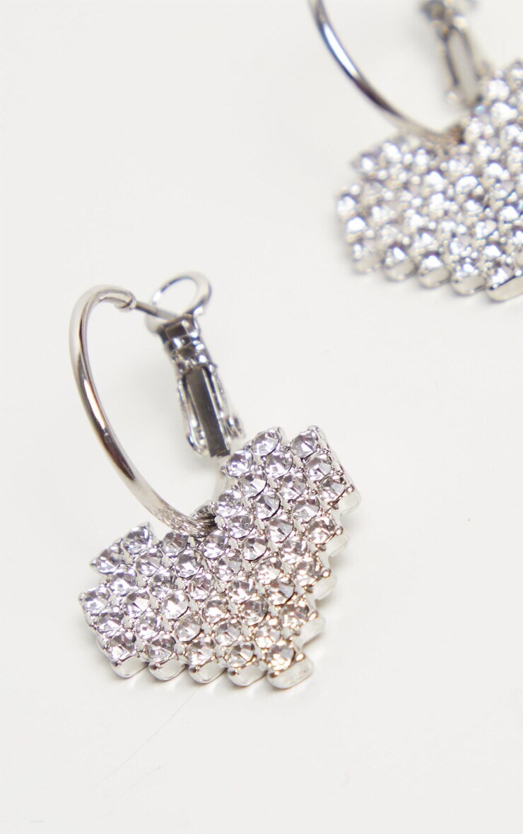 Silver Diamante Heart Small Hoop Earrings
