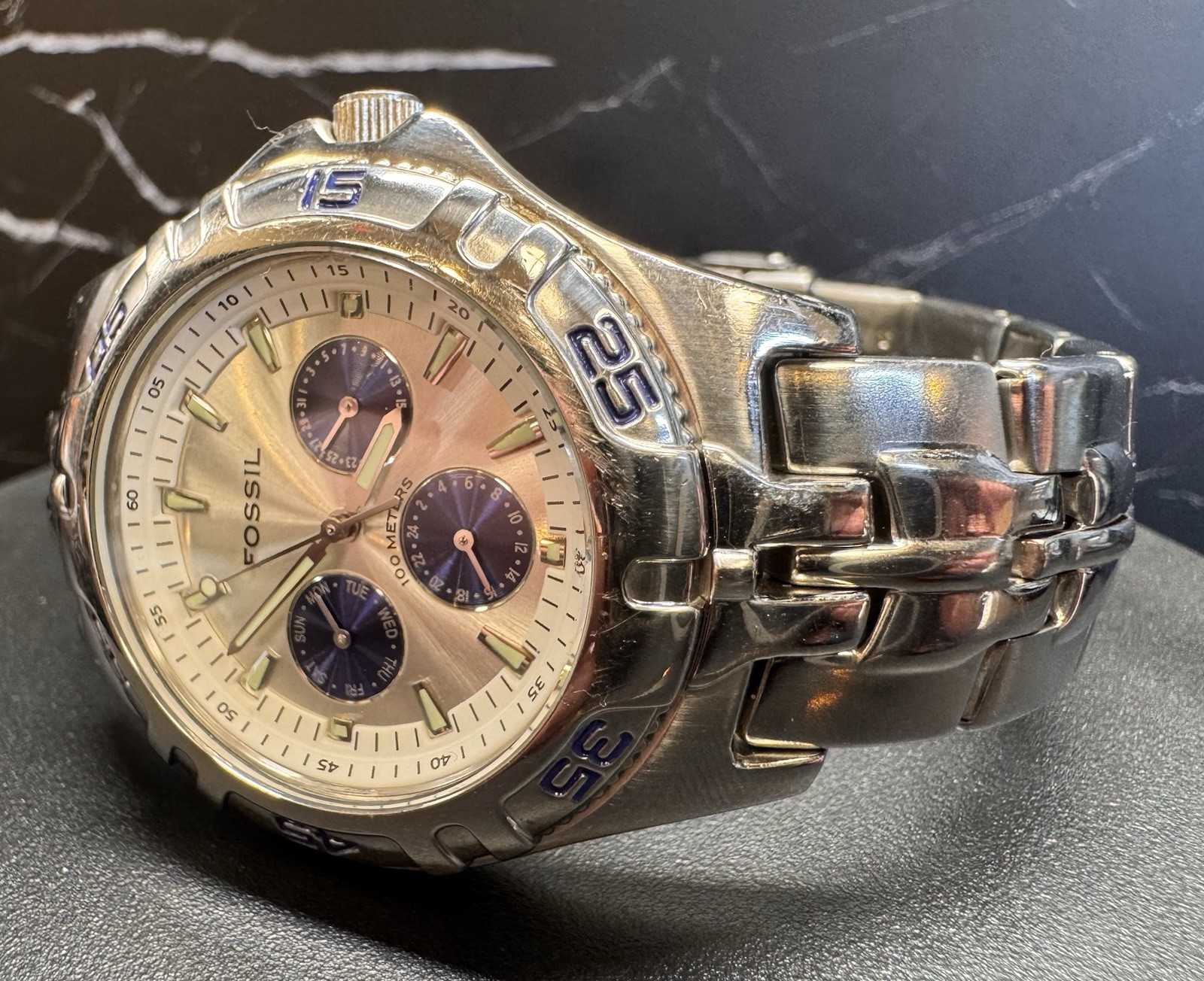 Fossil Blue BQ-9165 VTG Men’s Quartz Watch 100M Stainless Steel Silver/Blue Dial
