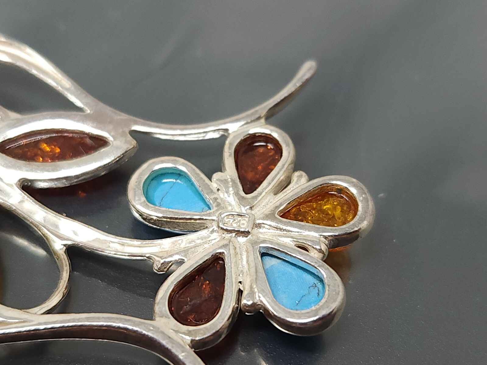 Vintage Sterling Silver 925 Yellow Baltic Amber Turquoise Flower Pendant