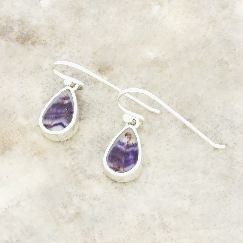 Derbyshire Blue John Drop Earrings Pear Shape Sterling Silver DBJ753