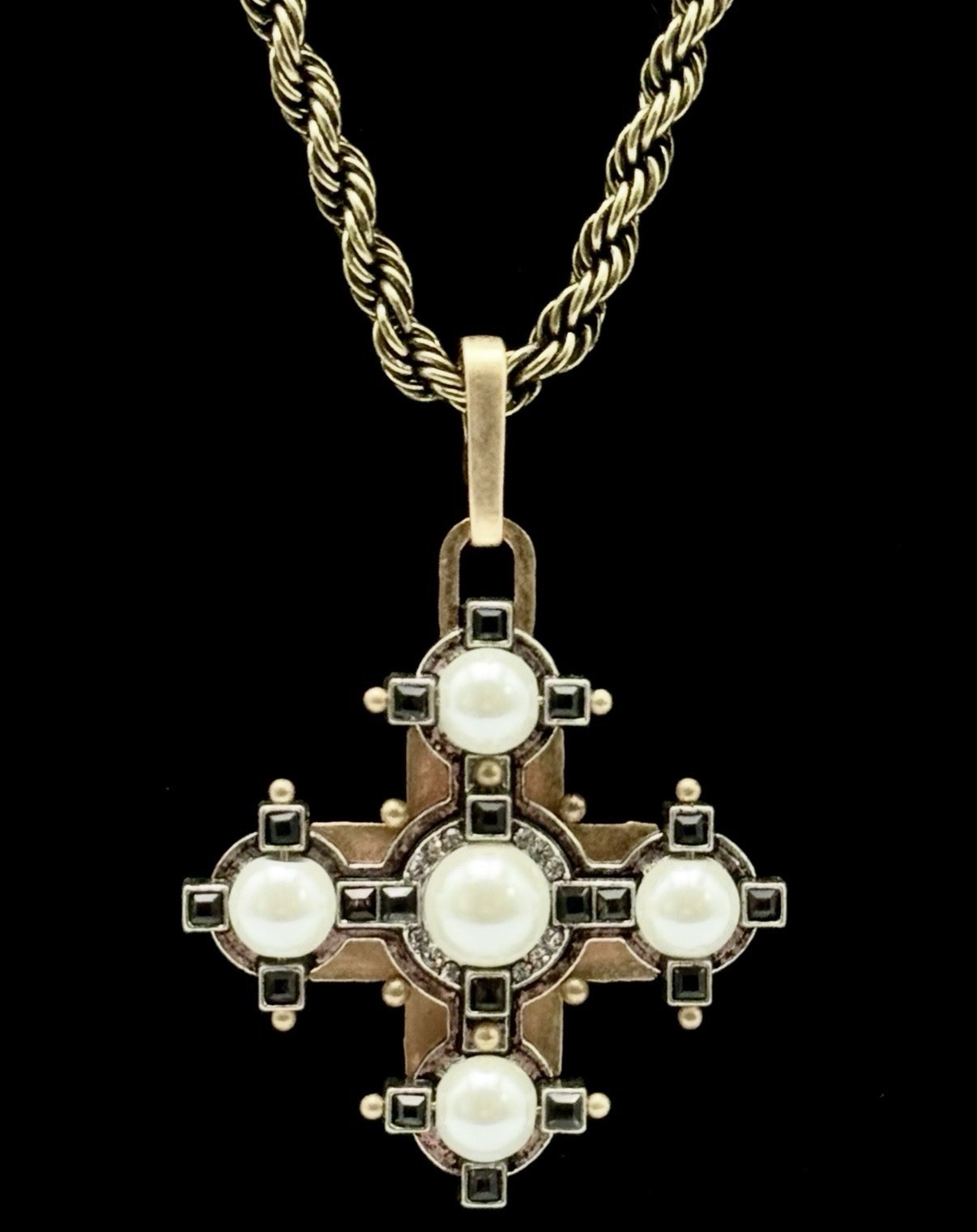 Cabi Tudor Maltese Cross Pendant Necklace Faux Pearl Black Crystal Rope Chain