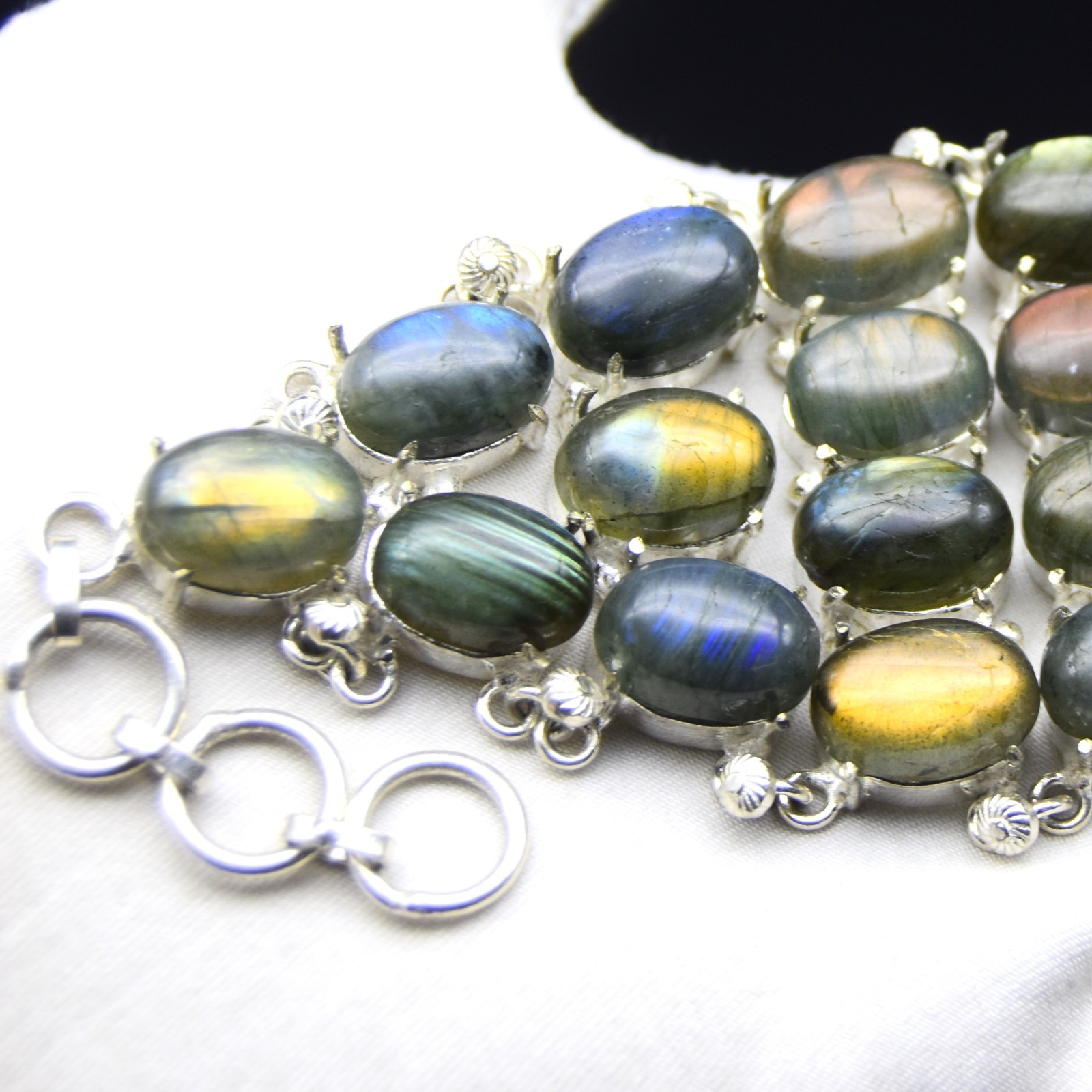 Blue Fire Labradorite Gemstone Big Bracelet 925 Sterling Silver Jewelry ADJ 8″