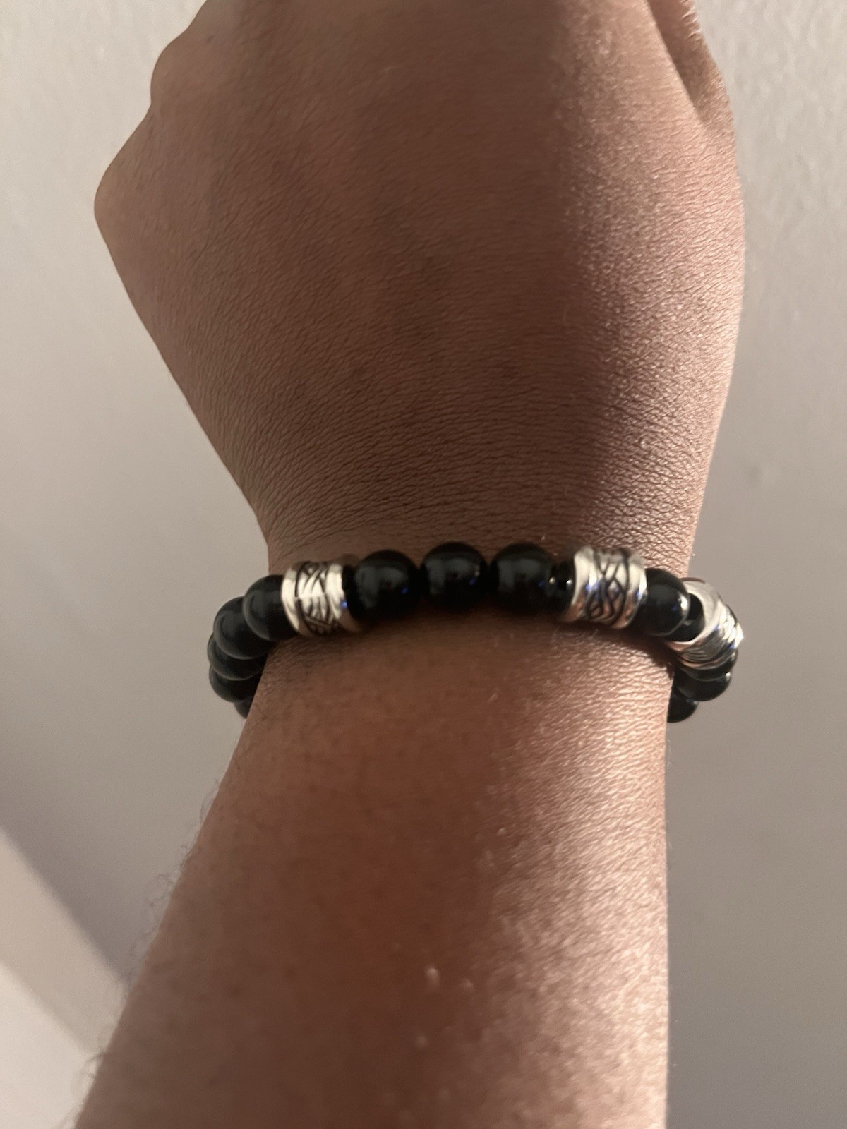 Black Onyx Round Beaded Stretch Bracelet, Silver-Tone Spacer Charms, Stackable