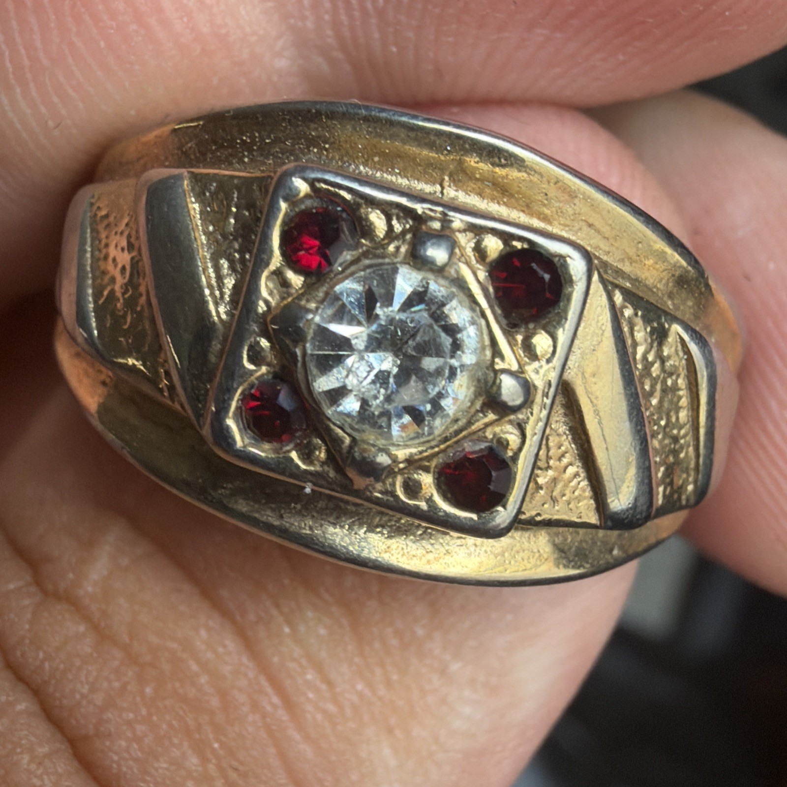 Vintage 14k GE Cubic Zirconia & Ruby Man’s Ring Size 12.75