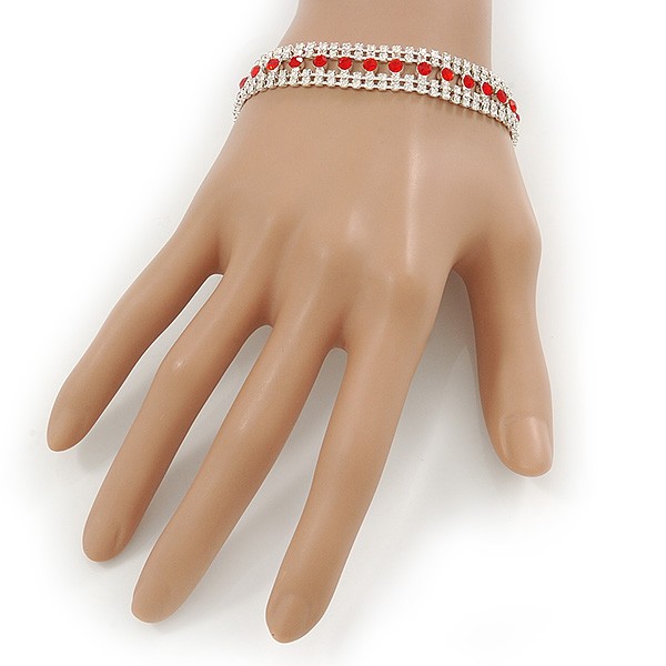 Clear/ Red Austrian Crystal Bracelet In Rhodium Plating – 18cm L/ 5cm Ext