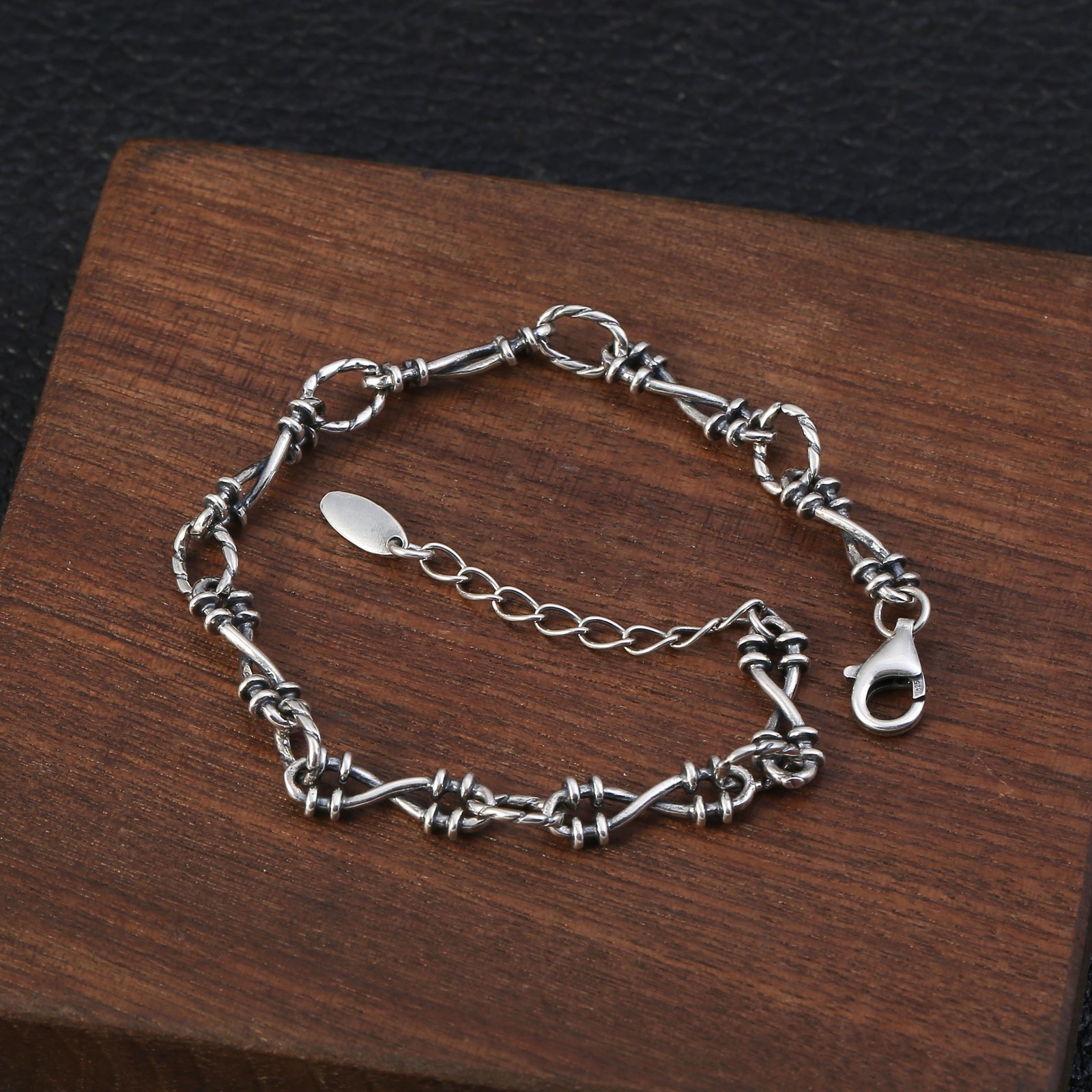 Solid 925 Silver Barbed Wire Style Bracelet Oxidized Thai Silver Punk Jewelry