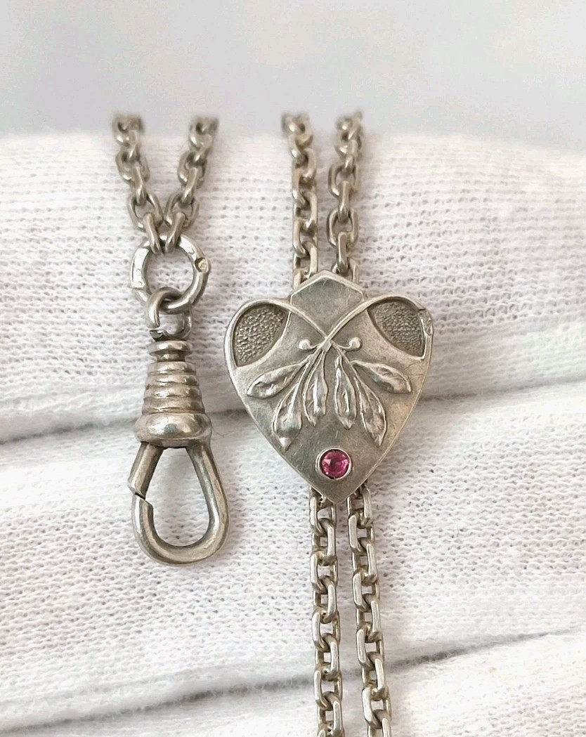Antique Art Nouveau 900 Silver Heart Slide Chain Necklace Victorian Watch Muff