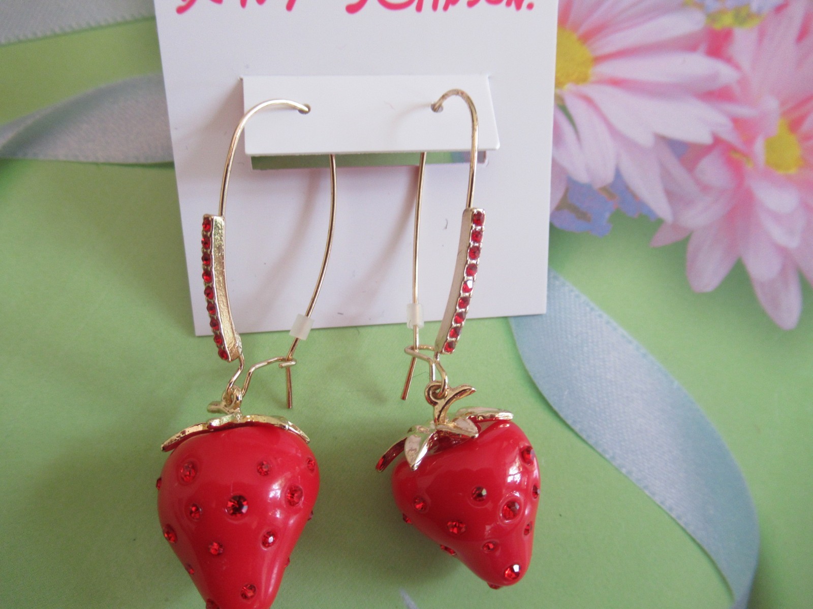BETSEY JOHNSON Authentic Strawberry RED Rhinestones Sherperd Hooks Earrings