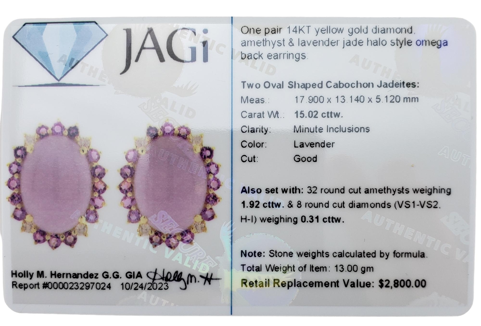 14K Yellow Gold Jade, Amethyst & Diamond Earrings #15759