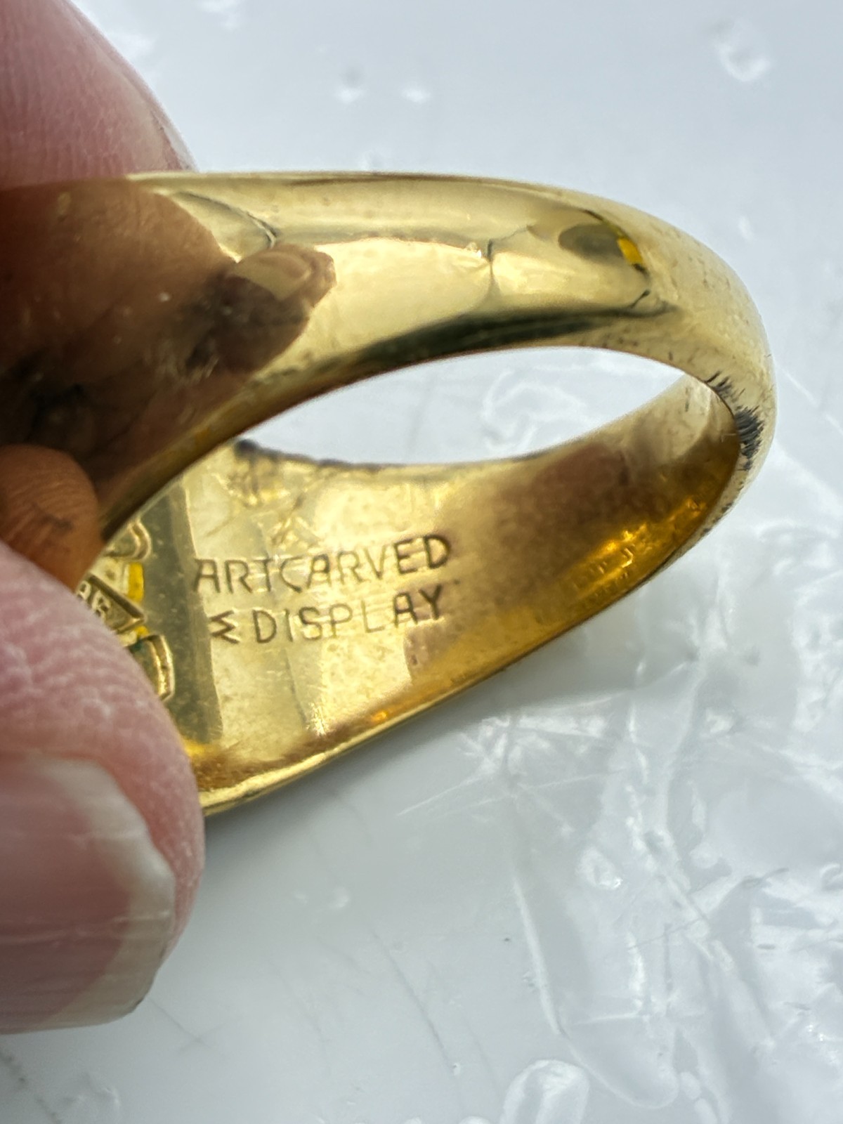 Vintage ArtCarved Signet Ring Gold Tone Engraved Watson Johnson 1985
