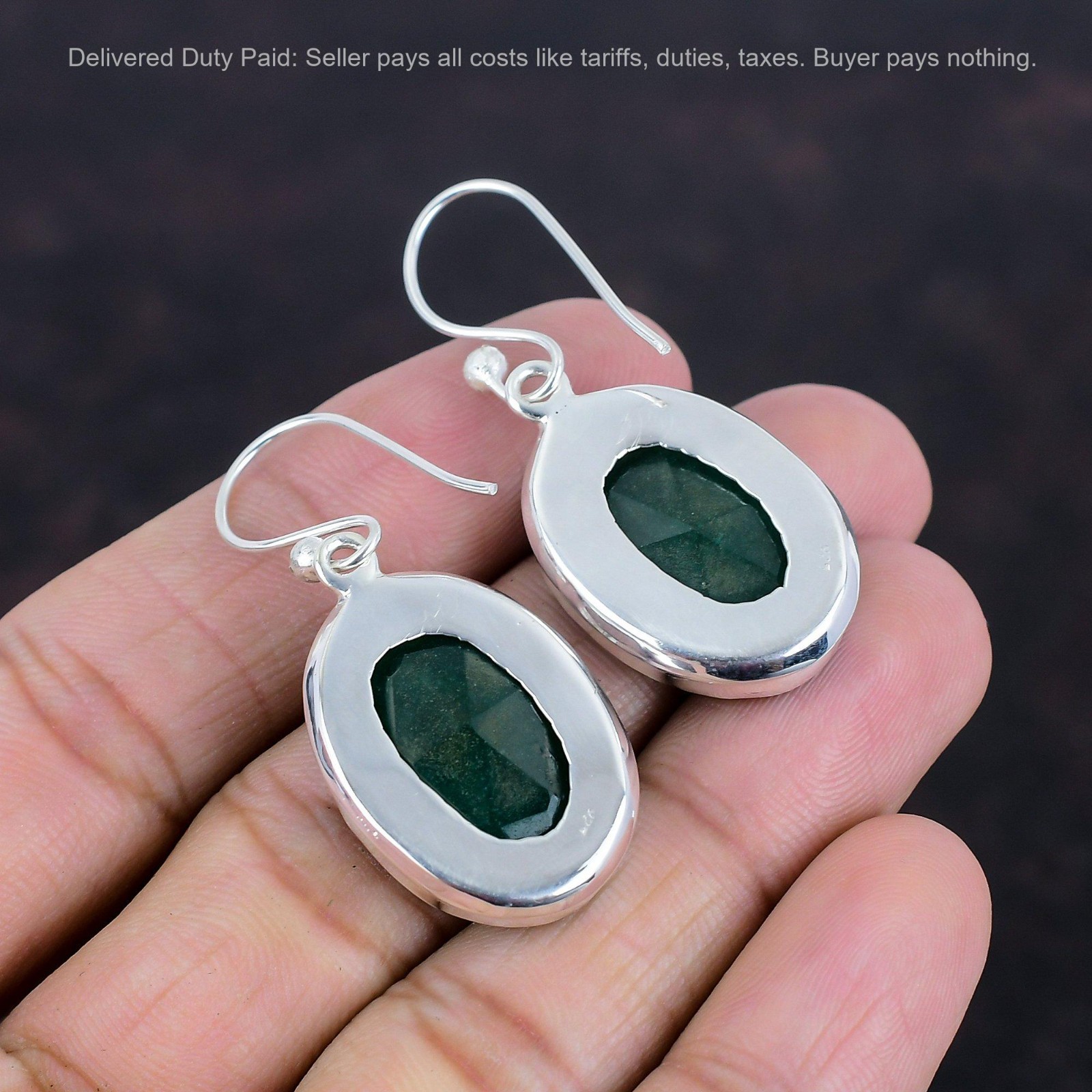 Black Friday Sale Sterling Silver Oval Zambian Emrald Stone Dangle Drop Earrings