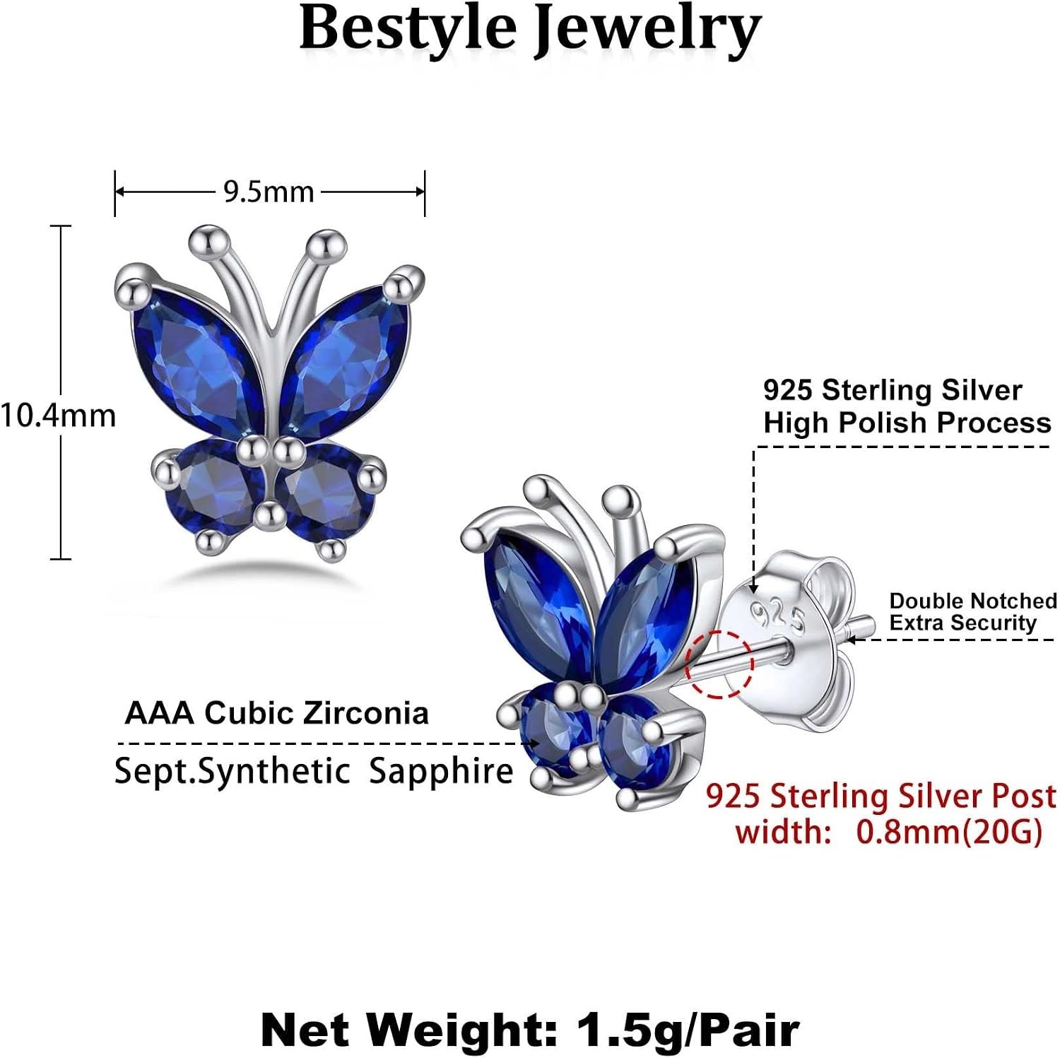 Elegant Gold Butterfly Studs with Created Sapphire – Perfect for Every Occasion