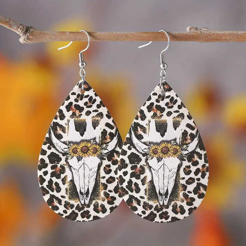 Leopard & Bull Head Shape Pattern PU Leather Drop Hook Earrings Women Girl Gifts