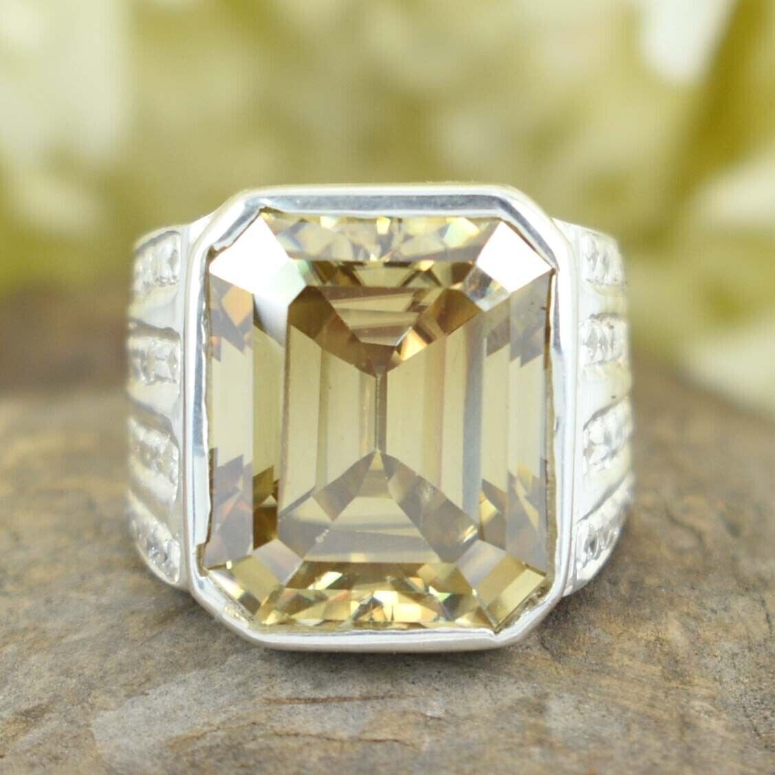 RARE 20.00 Ct Emerald Cut Champagne Treated Diamond Ring 925 Silver