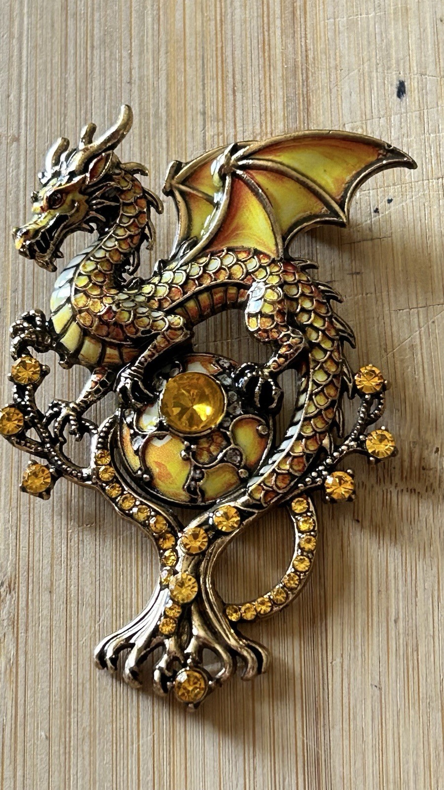 Yellow Crystal Enamel Dragon Magical Crystal Fashion Women Charm Brooch Pin 3.2”