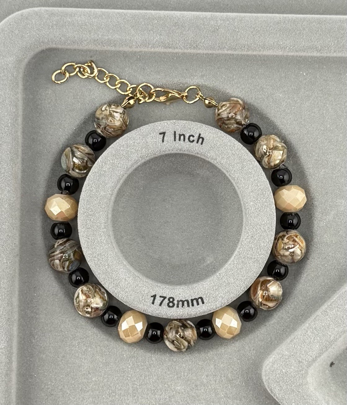 Black Brown Gold Tone Round Beaded Bracelet 7in Adjustable Lobster Gift for Her