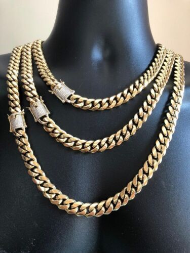 Gold Plated Miami Cuban Link Chain Bracelet Stainless CZ Steel Clasp 6mm-14mm