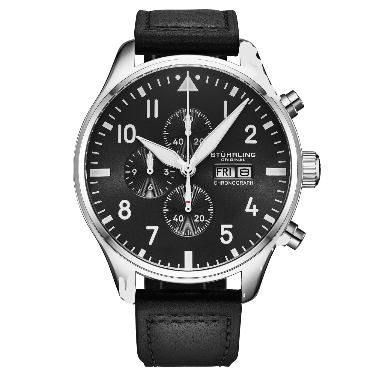 Stuhrling 4075 1 Navigator Quartz Chronograph Date Black Leather Mens Watch