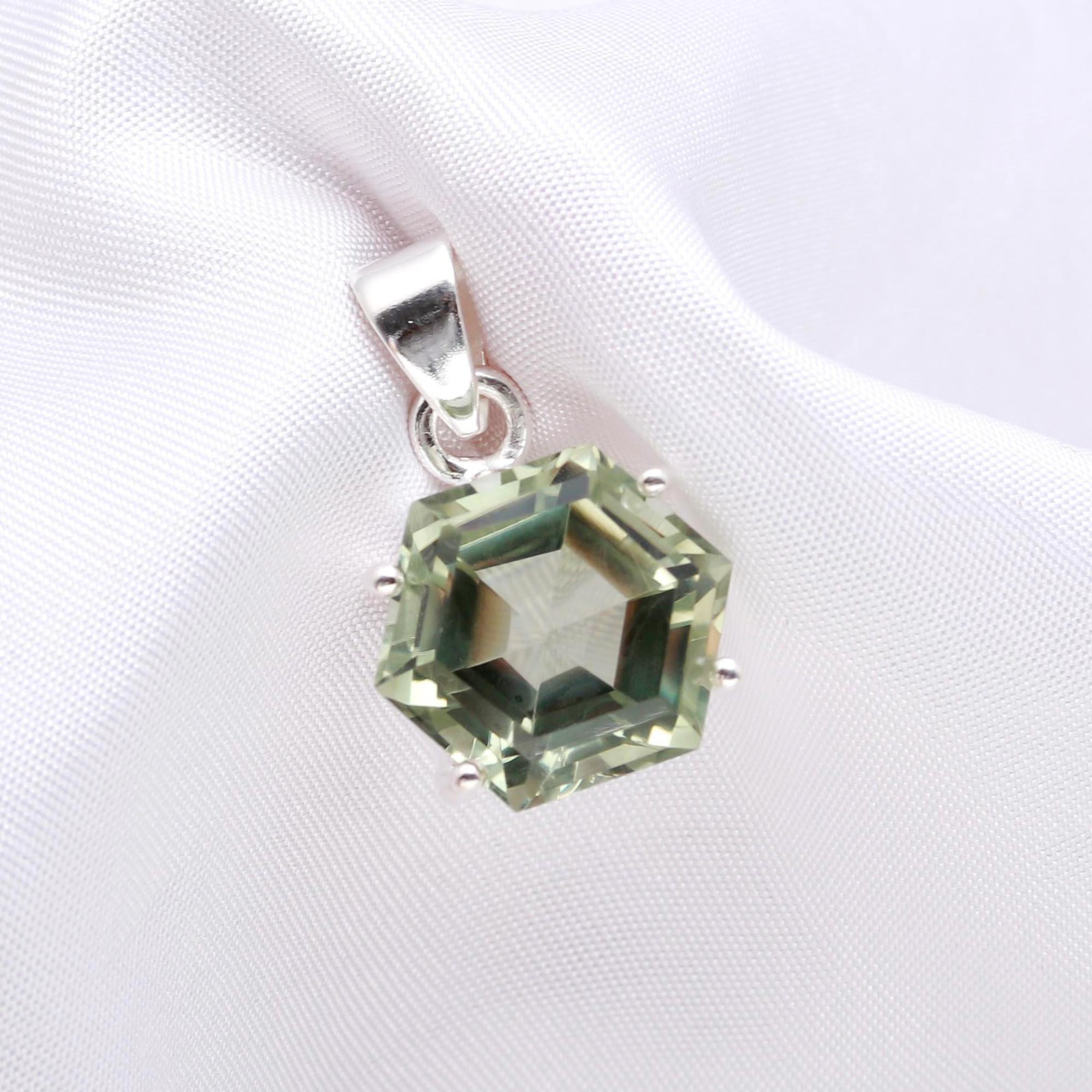 Natural Green Amethyst Hexagon Pendant 925 Sterling Silver Jewelry Gift For Her