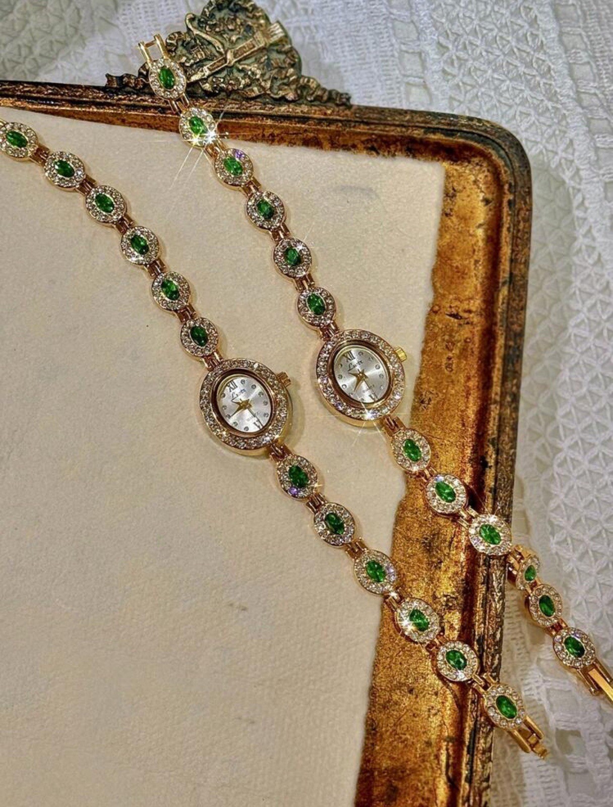 Women’s Gold And Green Crystal Vintage Luxury Oval Watch