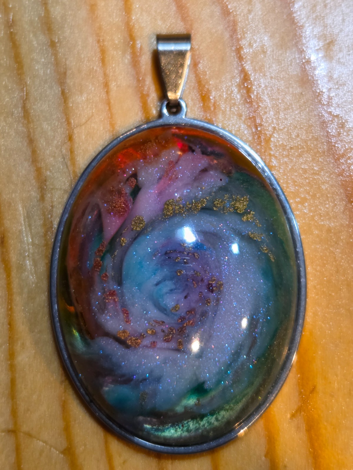 OOAK Nebula Series Petri Effect Resin Oval Pendant Stainless Steel N092
