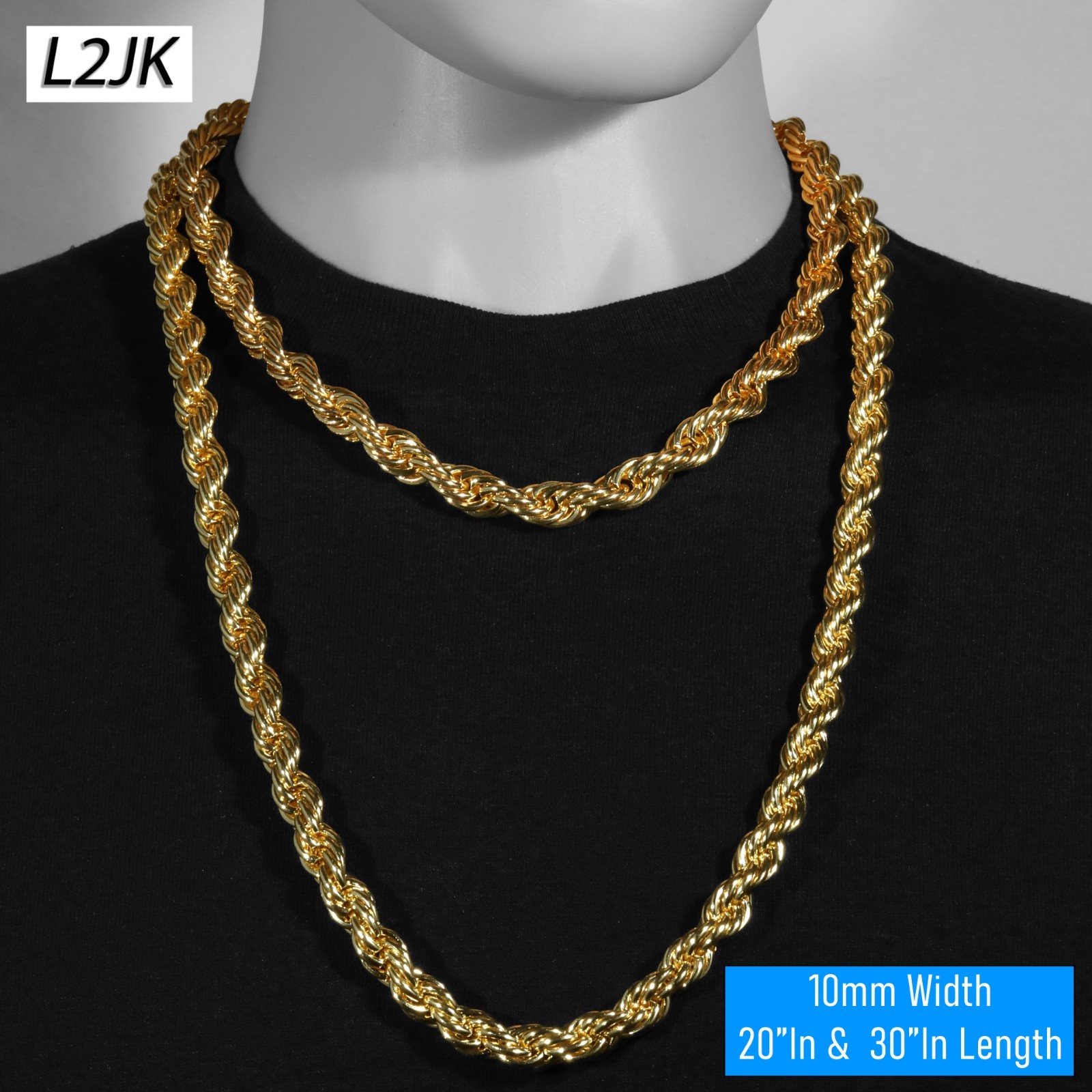Rope Chain Necklace 10mm 20″ + 30″ Set 14k Gold Plated Men’s Hip Hop Jewelry