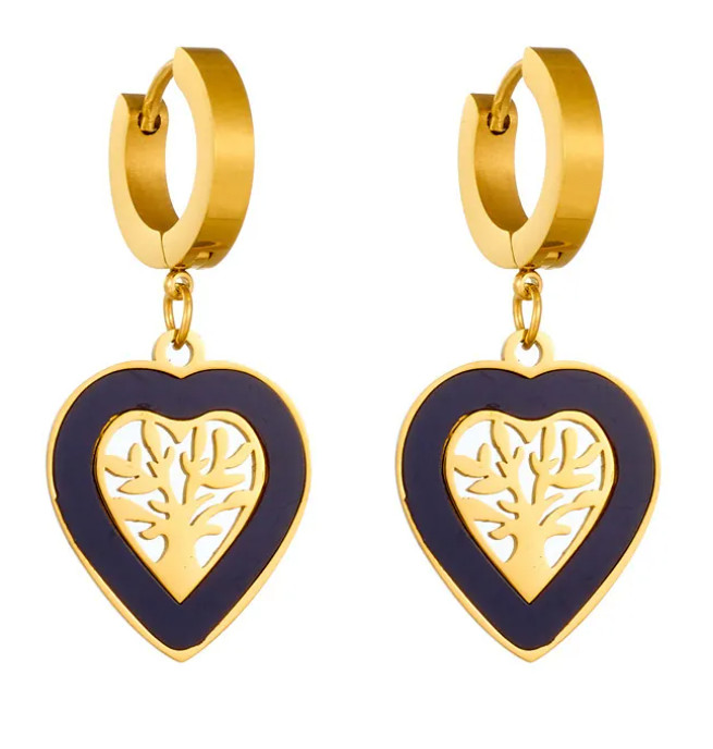 Earrings Heart Shape Life Tree Plating Inlay TitaniumSteel Shell 18K Gold Plated