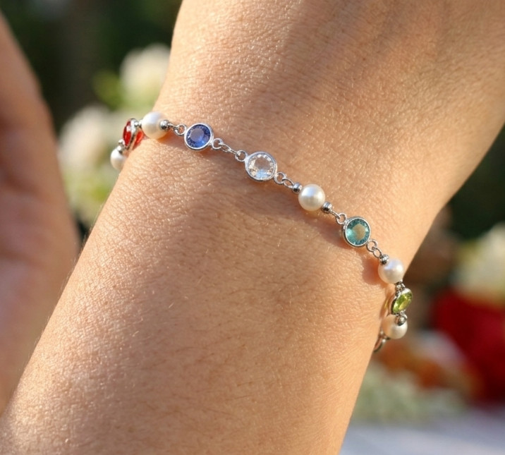 Handmade Silver Color Boho Pearl Ruby Sapphire Multi Stone Bracelet Minimalist