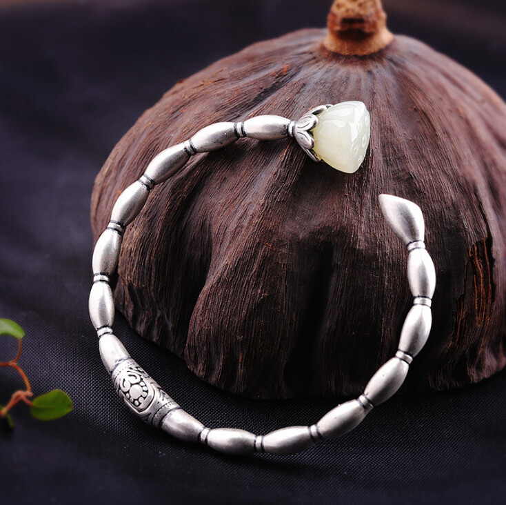 I03 Silver 925 Rice Grain Effect Lotus Flower White Jade Bangle Bracelet