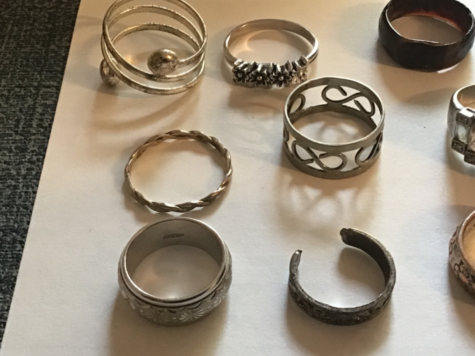 costume ring lot of 12 silver, copper, metal, wood and shell size 4-8