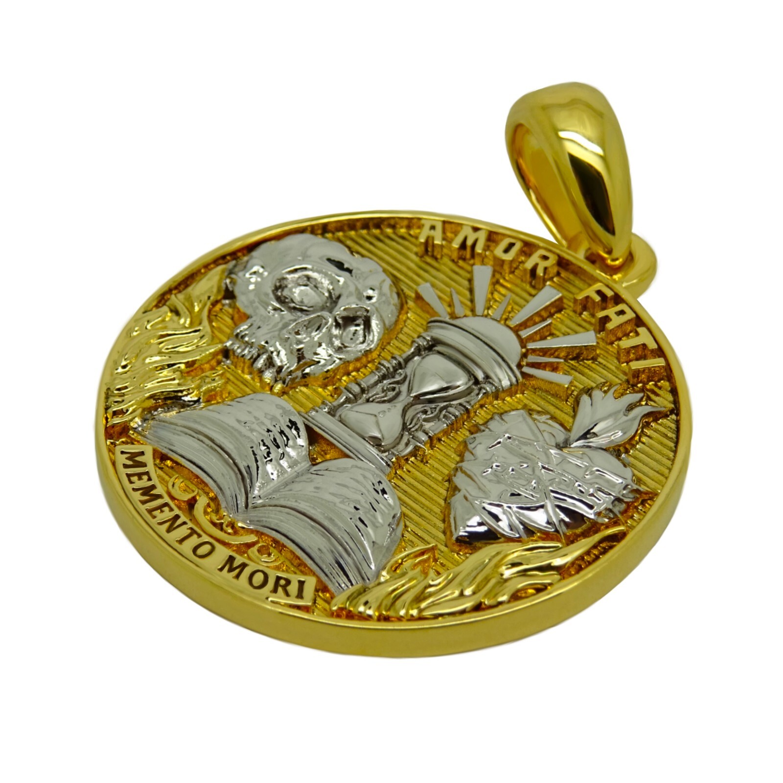 Amor Fati Memento Mori Stoic Medallion Pendant Necklace Gold Plated with Chain