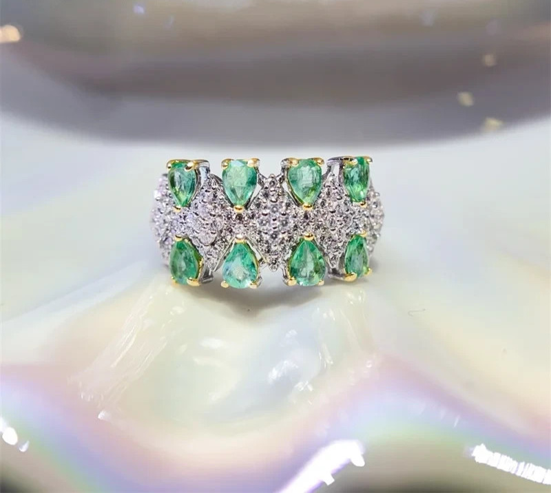 Natural Emerald Double Layer Band Ring 3x4mm 925 Sterling Silver with Platinum