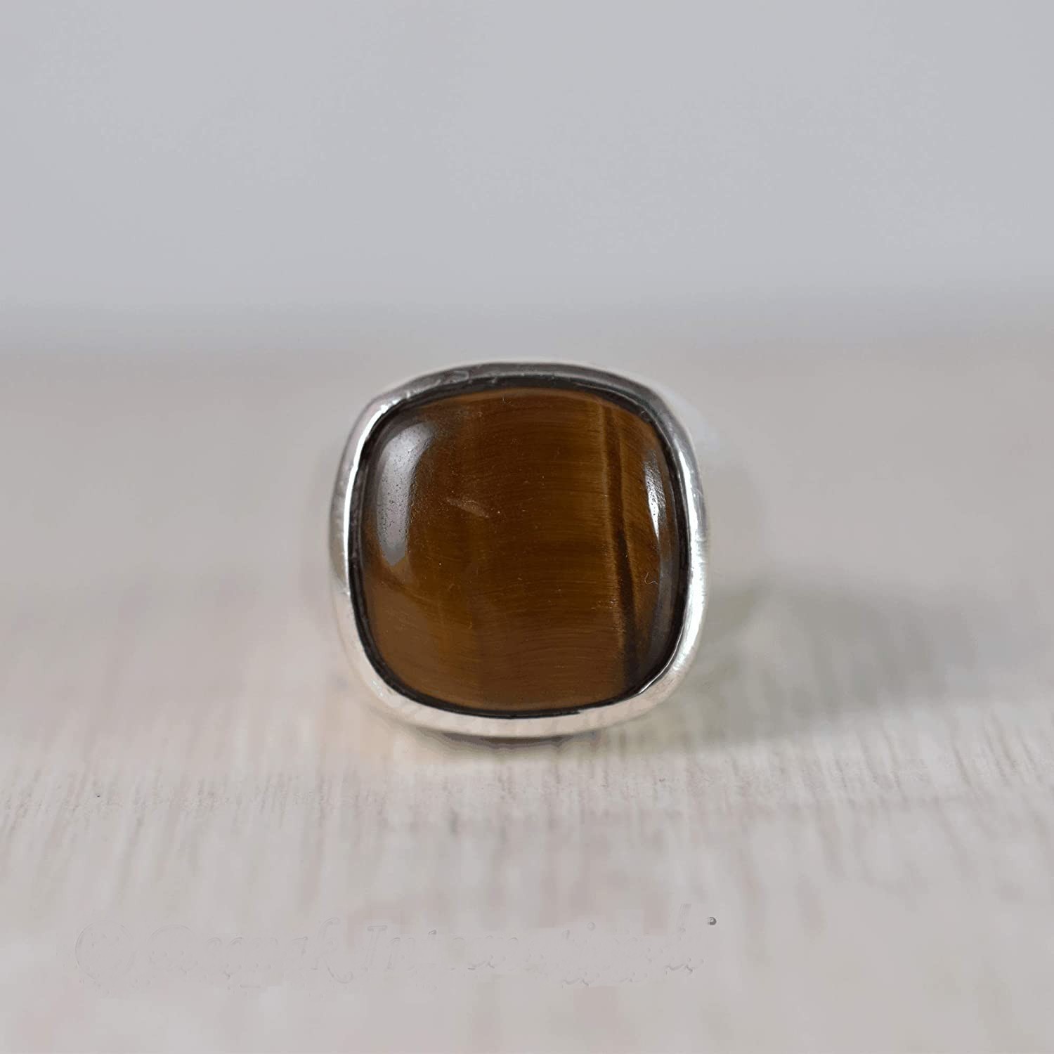 Solid 925 Sterling Silver Natural Brown Tiger’s Eye Cushion Men’s Unisex Ring