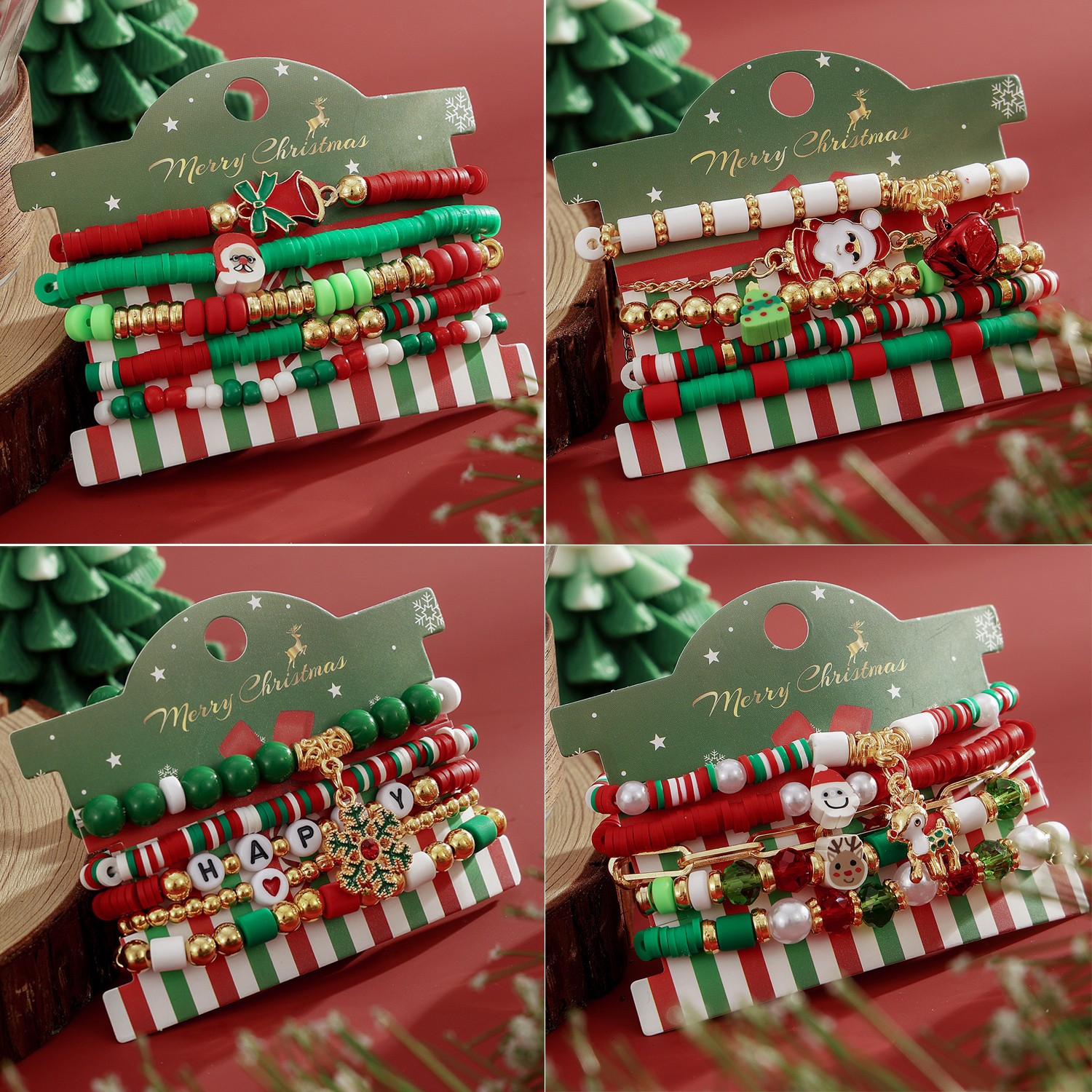 4 Sets Stackable Stretch Christmas Beaded Bracelets Holiday Party Gifts