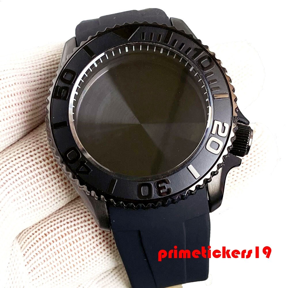 41mm Dive Black Watch Case+Band Domed Sapphire 3.8 Crown Fit NH35 NH36 NH38 Movt