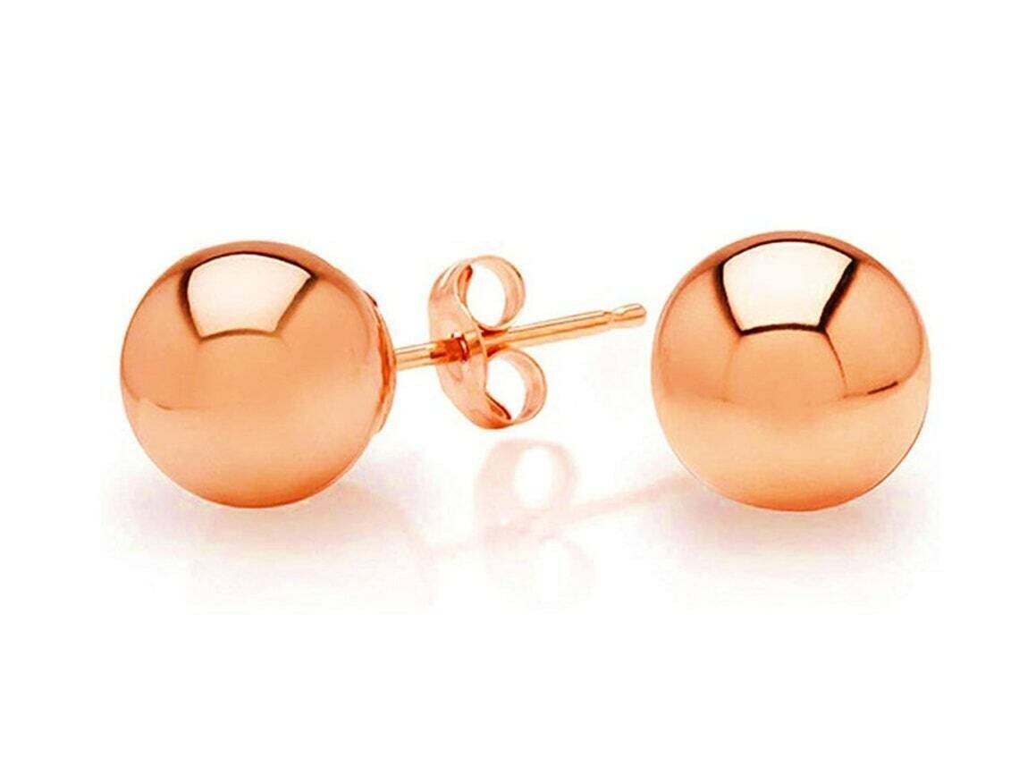 Solid 14k Rose Gold Ball Stud Earrings Butterfly Push Back