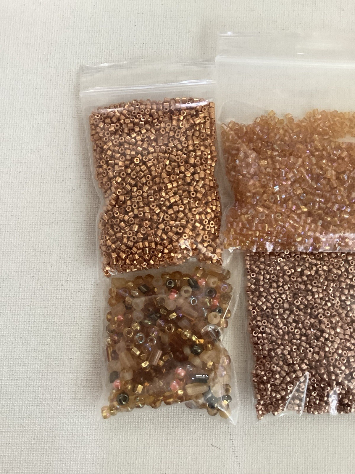 Gold seed beads, various sizes, 4 bags, 108g, loose beads