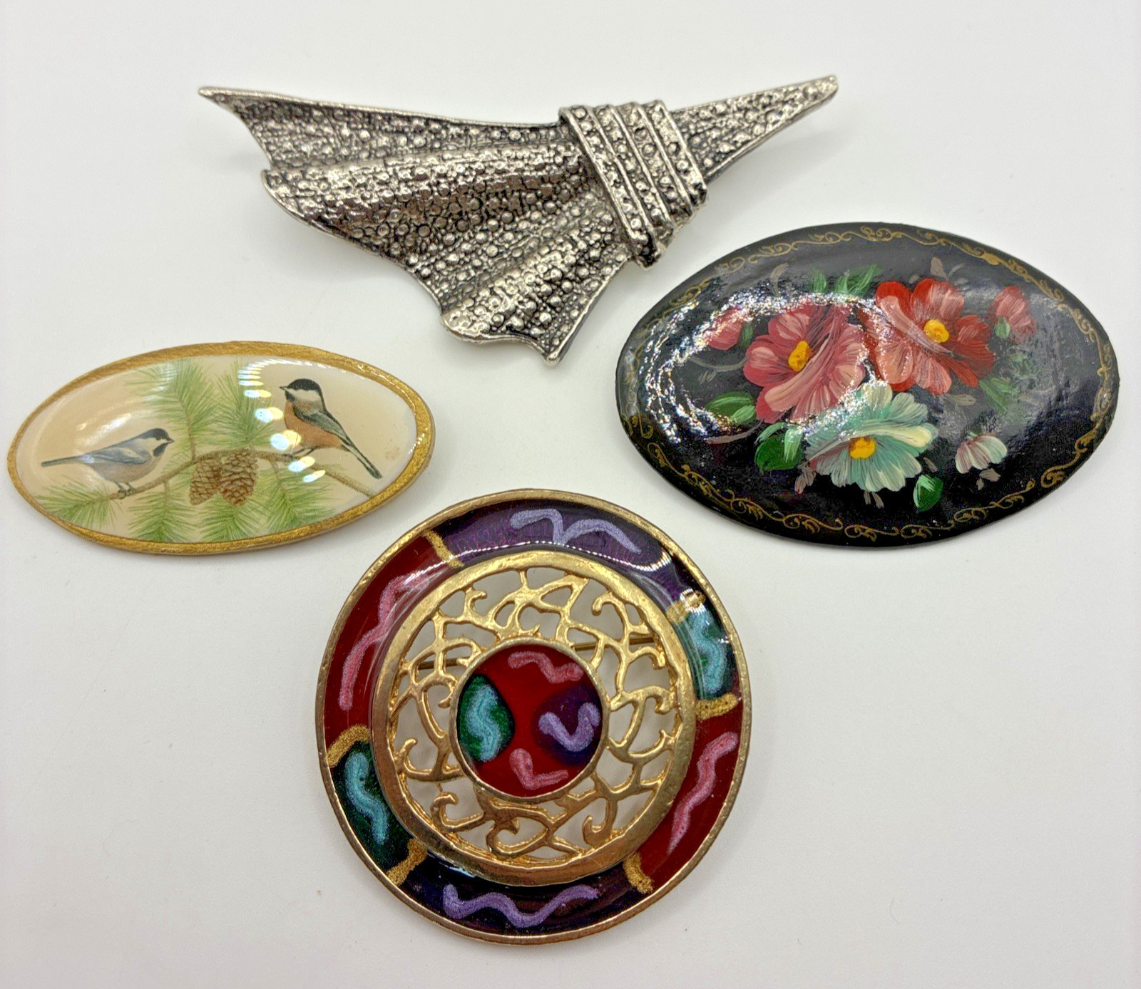 Vintage Brooch Lot Floral Nature Birds Hand Painted Silve Tone Statement Pin