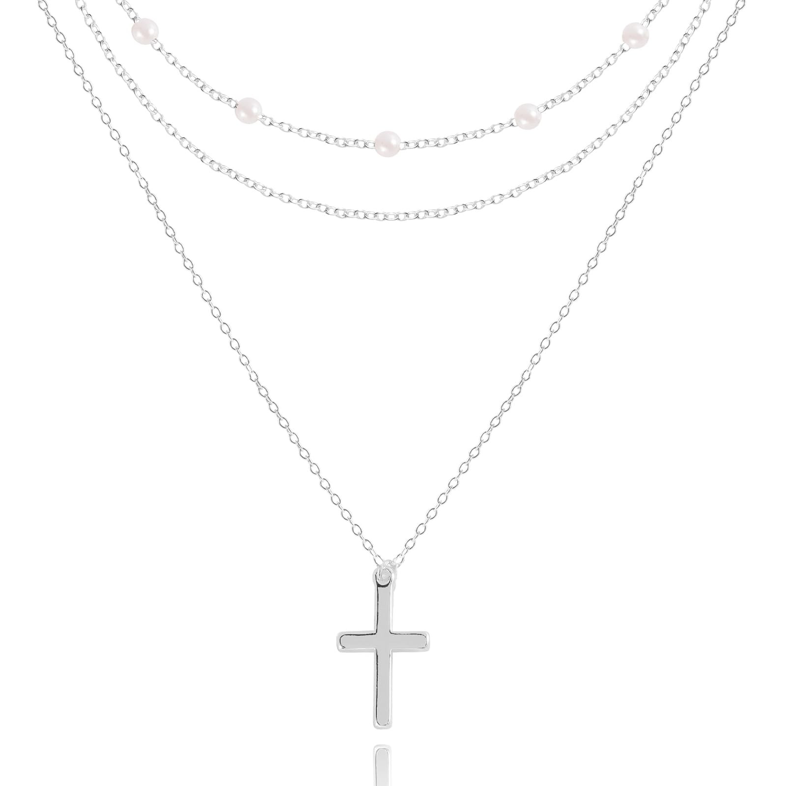 3 Layered Necklaces Set Silver 14K Gold Plated Brass Cable Chain Cross Pearl