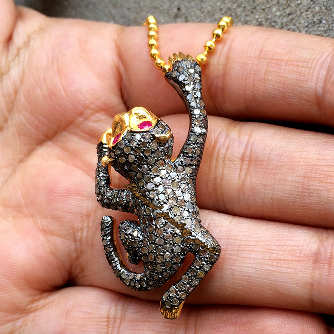 3.08ctw Rose Cut Diamond Ruby Silver Victorian Stunning Monkey Pendant Jewelry