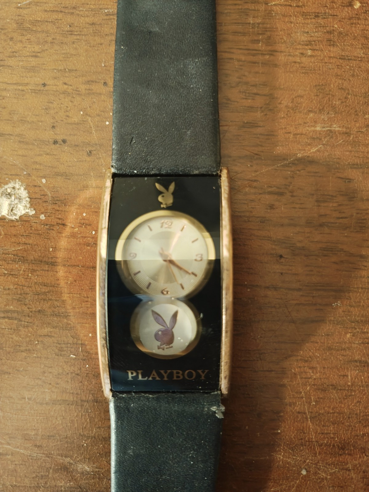 Playboy Quartz Rectangle Dress Watch Gold Tone Black Leather Strap White Dial