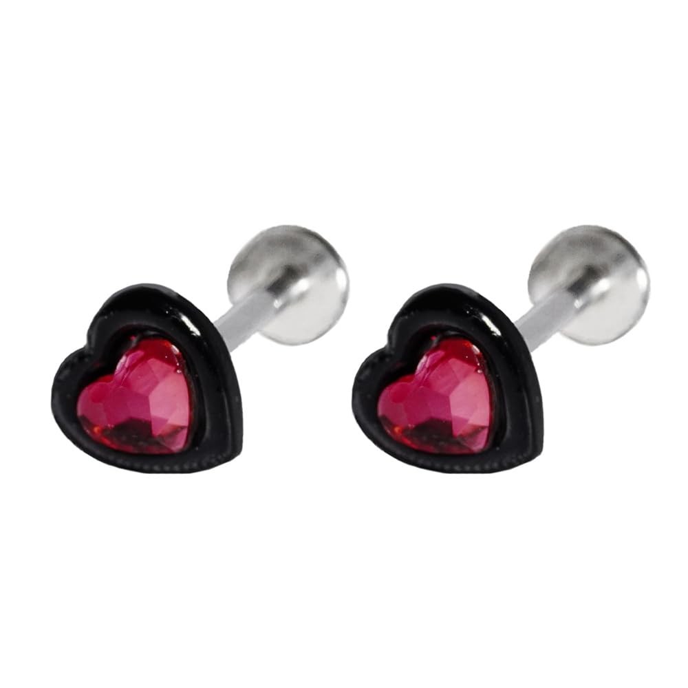 2Pcs 16G Pink CZ Heart Labret Monroe Lip Rings Studs 316L Surgical Steel Blac…