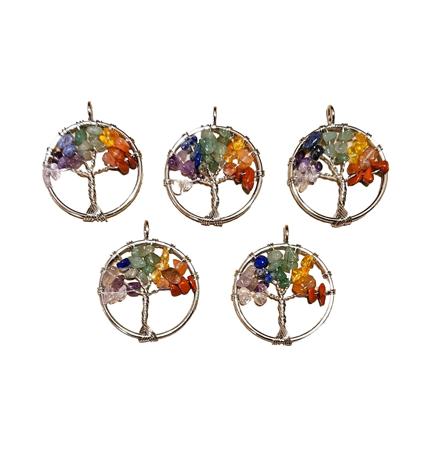 Lot of 5 x “Seven Chakra Tree Of Life” Gemstone Pendants Amethyst 1.25″×1.25″