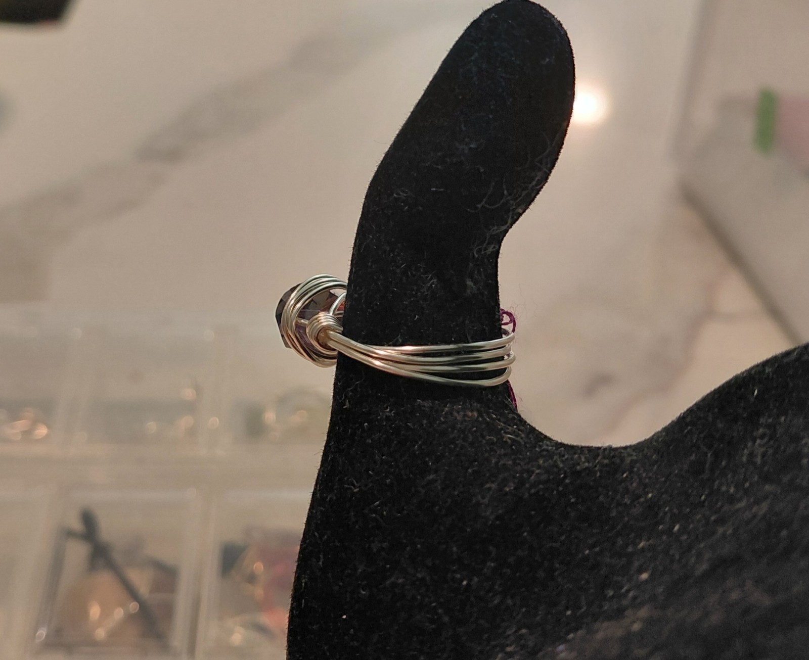 Silver Plated Copper Wire Wrapped Labrodorite Bead Ring Size 7