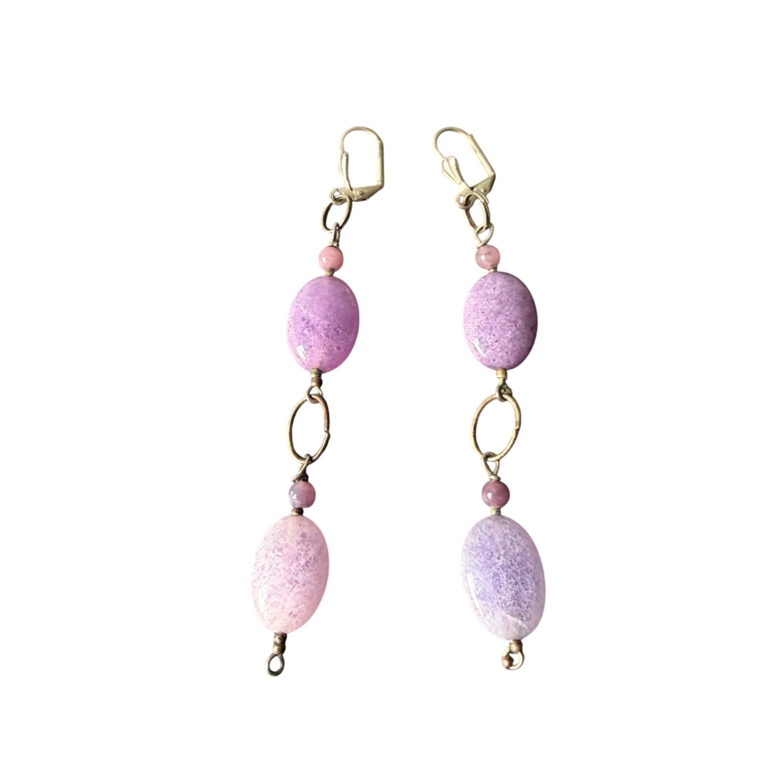 Earrings Oval Purple Bead Stone Dangle Drop Boho Artisan Silver Tone 3.5 inches