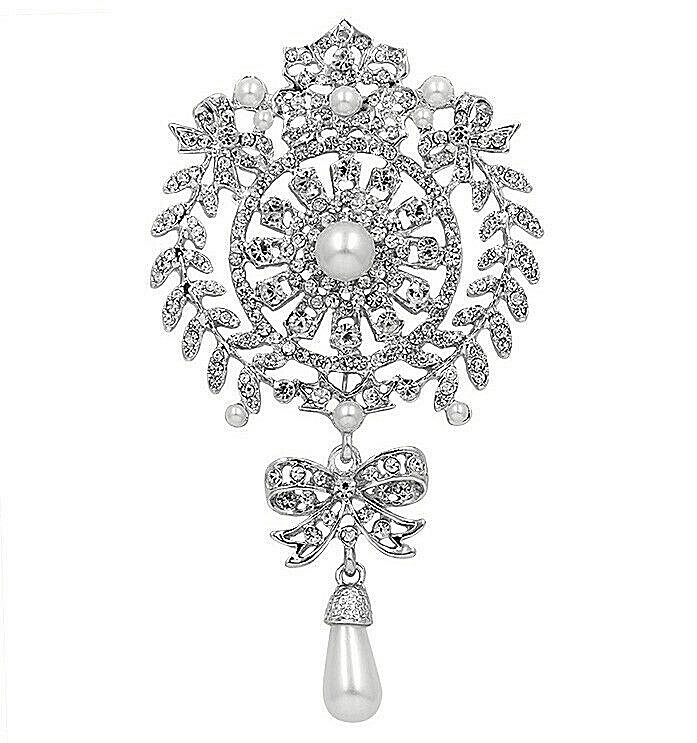 Massive ELEGANT Silver Pearl & RHINESTONE Vintage Inspired Glamor RUNWAY Brooch