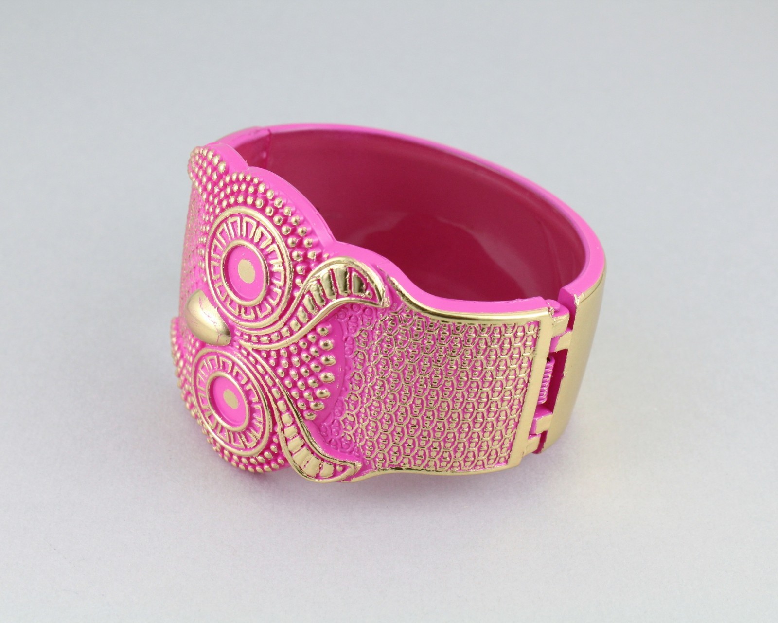 Owl bracelet Pink Gold carved textured bird plastic hinged bangle cuff