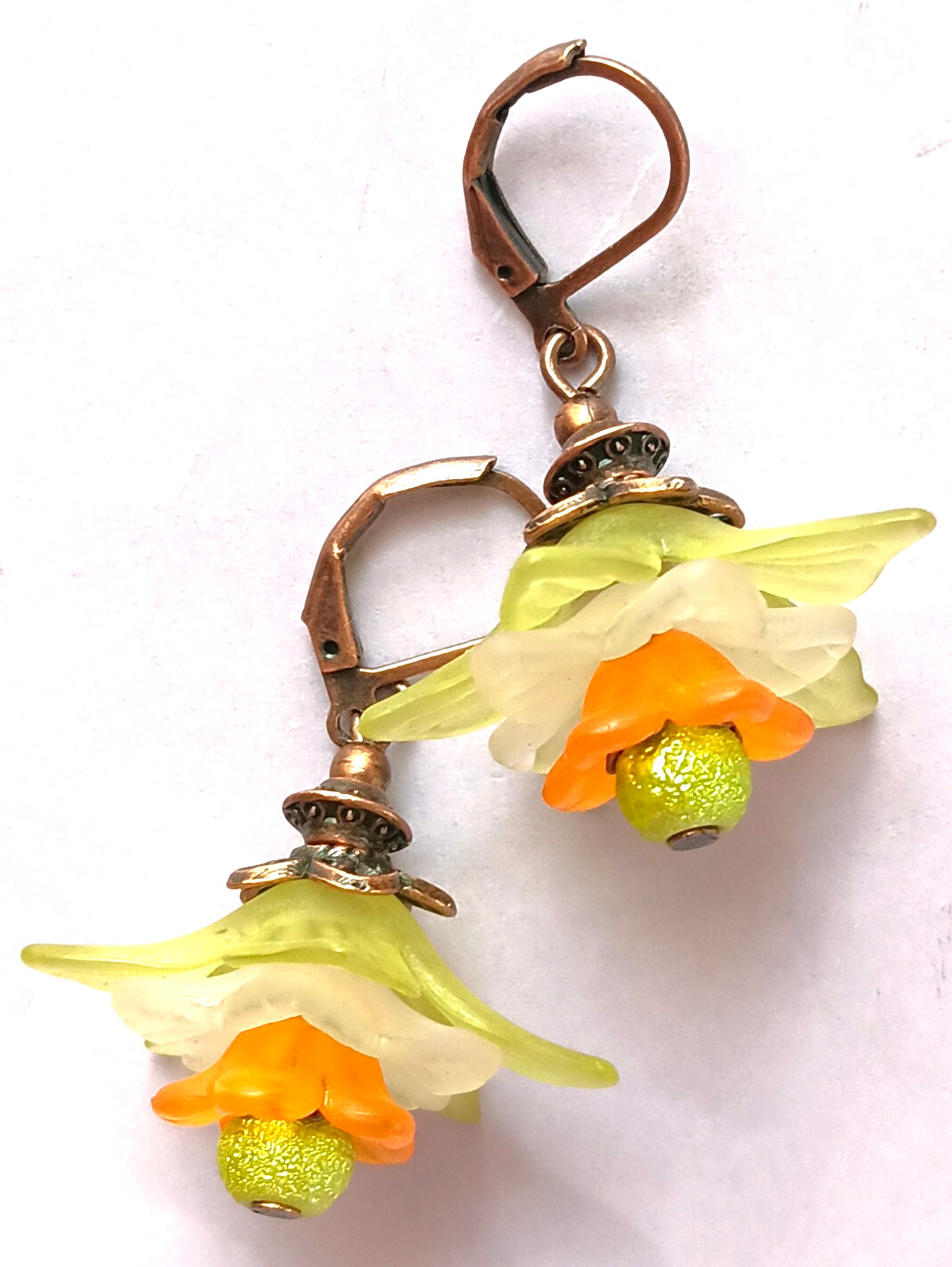 lime orange ACRYLIC LILY Green bicone Crystal COPPER LEVERBACK #ACTA
