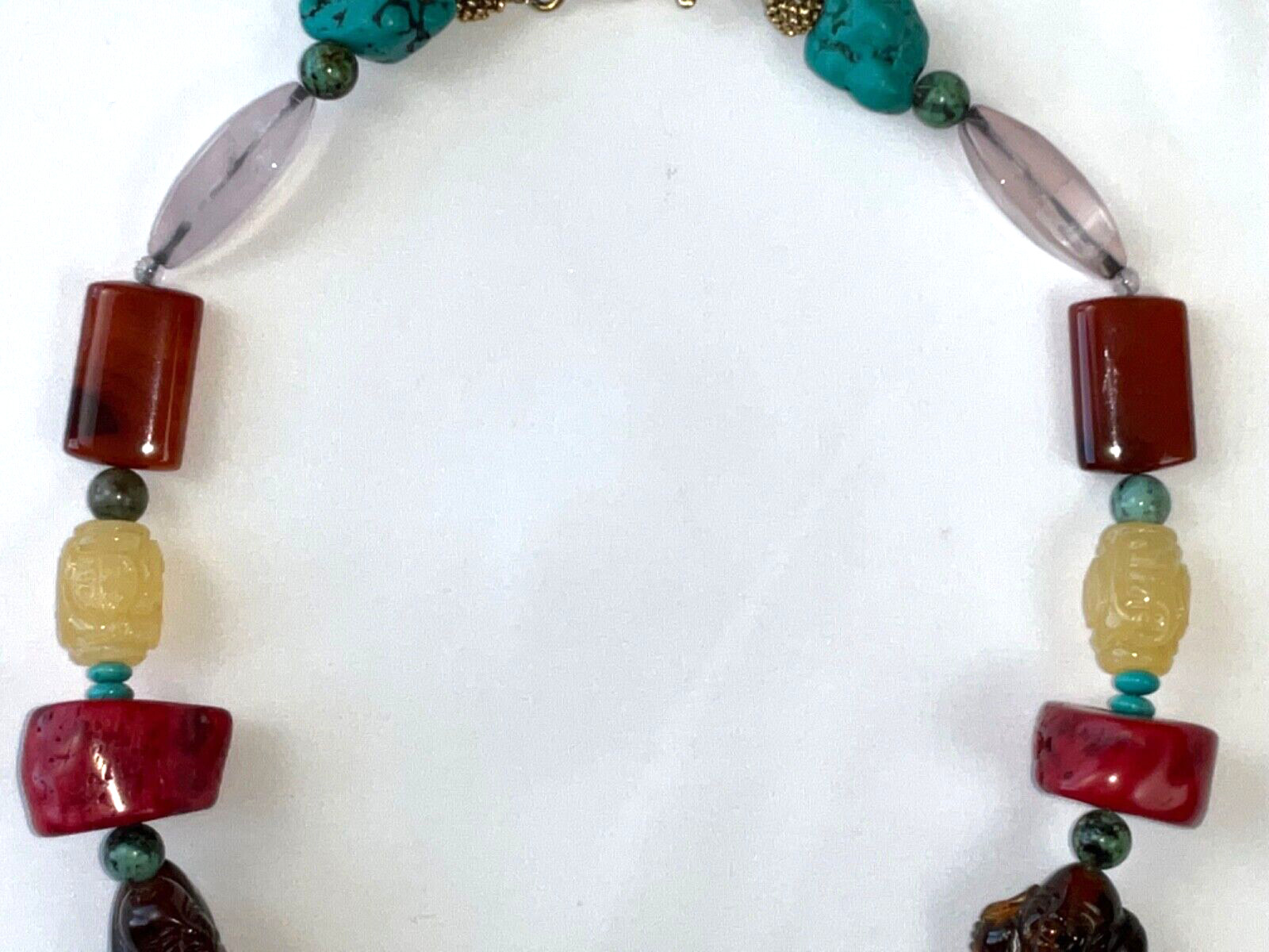 Beautiful Buddha Carved Bead Artisan STATEMENT NECKLACE Coral Turquoise Amber